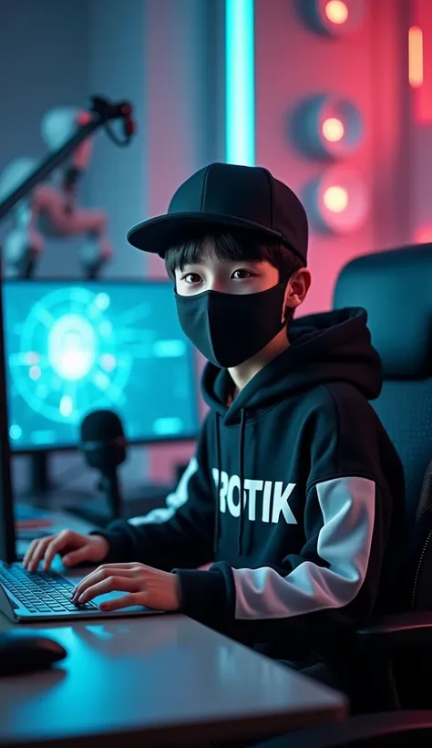 "Generate a font facing 3d realistic image of a young boy AI specialist YouTuber in a futuristic, high-tech studio. The boy is around 20 years old. The individual is sit confidently at a desk, wearing a black and white hoodie, a black mask and a black cap ...