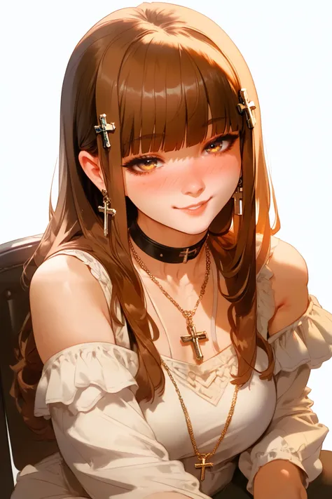1girl, High Resolution, Bangs, Brown Hair, Simple background, Hime Cut, Nose Blush, Light Smile, cross necklace, modest clothing, christian woman, slightly curvy body, thin, sitting on a chair, lean, NSFW