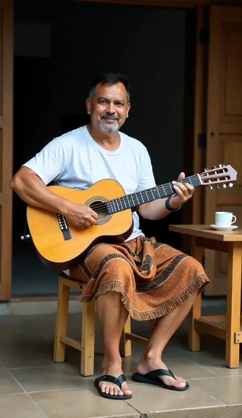 Indonesian male, 35 years old, short hair, white t-shirt, sarong typical of Lombok island, sitting on a wooden chair, wooden table, cup of coffee, playing guitar, simple house background typical of Indonesian villages. flip flops, front view,