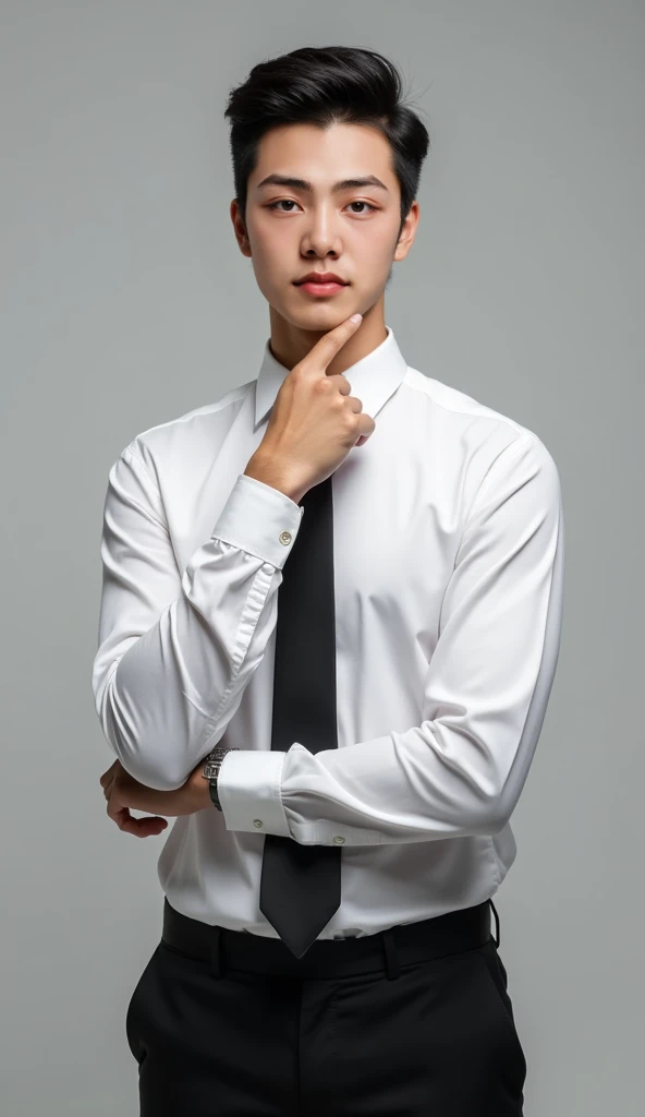 Simple and clean hairstyle ， looking at the camera ，全身Face me，Front view，Face me，Full body facing the camera， stand confidently in front of a pure gray high-grade gray background ， place the hand on the chest ，Touch your chin with one hand ，Stand straight，...