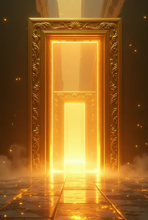 golden portal rectangular shape like a door with golden lights coming out of it forming a long pathway