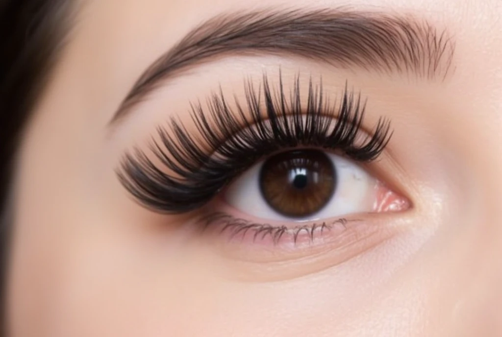 A close-up of a human eye with long, thick, and beautifully curled eyelashes that are exceptionally dense and prominent. Both the upper and lower eyelashes are thick, bold, and well-defined, with the lower lashes being notably dark and dense as well. The e...