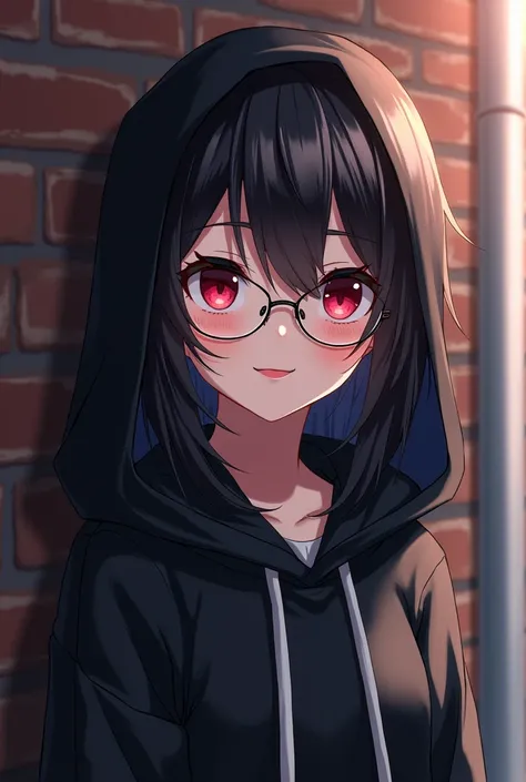 ((best quality)),((highly detailed)),masterpiece,absurdres,detailed face,beautiful face,(detailed eyes, deep eyes),1girl,((dynamic pose)), Sally, solo, glasses, black hair, hood, red eyes, smile, looking at viewer, under-rim eyewear, semi-rimless eyewear, ...