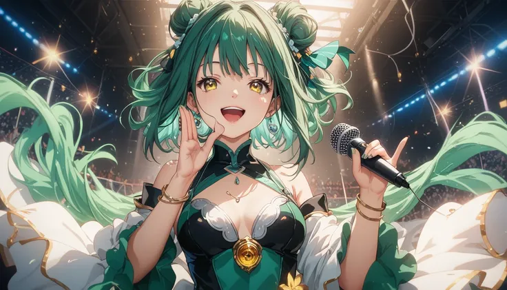 right front post, anime girl singer, of a beautiful green-haired anime girl singing, happy and cute gesture, beautiful face, shibuya rin, bright green hair, sining bright green hairs, holding microphone in right hand and singing,, blue haired singing anime...