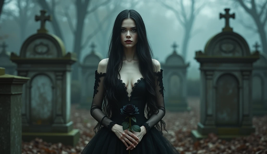 A 18 year old, gorgeous woman in her gothic deep-cut dress, standing in the decaying cemetery with black rose, looking sad (image must be cinematic and photorealistic, 4k)