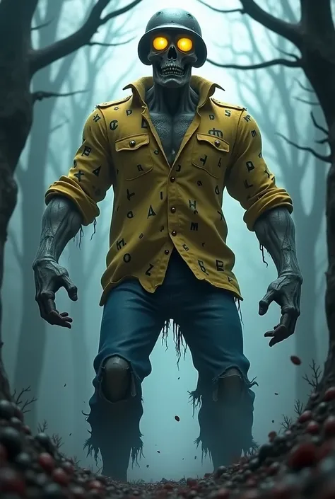 Danny x as a giant zombie yellow shirt on x alphabet print and blue jeans and helmet transformation into giant zombie 3d, 4k, horror forest paw patrol 