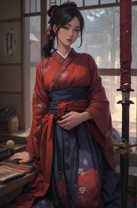 masterpiece、highest quality、超High resolution、realistic skin texture、(Wearing a Japanese kimono and hakama)、(He has a long sword at his waist.、samurai sword:1.5)、photorealistic、High resolution、Raw photo、shiny skin、realistic skin texture、best lighting、shine、...