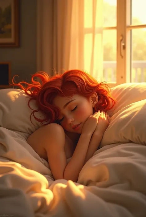  A thin body curled up in a soft bed. The honey-colored skin reflects the golden sun shining through the window, giving it a magnificent glow. The red hair that flutters in the breeze, if one looks at it, one cannot lose sight as if by magic.