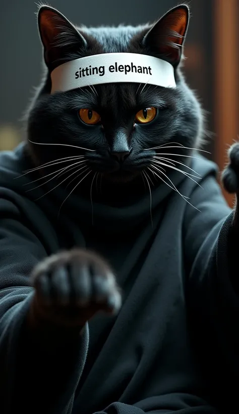 (Photorealism: 1.2), close up image of the face of a black hairy adult cat . The black furry wears an all-black ninja outfit and a white headband that reads sitting elephant is raising both hands up.  The background is in a house at night .  The lighting i...