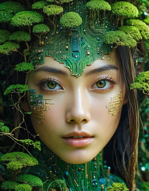 landscape with tree but contains elements of a printed circuit girl face, Miki Asai Macro photography, close-up, hyper detailed, trending on artstation, sharp focus, studio photo, intricate details, highly detailed, by greg rutkowski