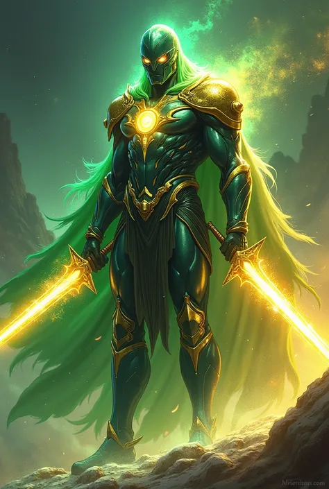 "Create a male cosmic super-killer inspired by March, named Marcion the Equinox Slayer. He is a towering figure of raw power, with veins glowing emerald-green and golden, representing renewal and balance. His eyes blaze like twin suns, embodying determinat...