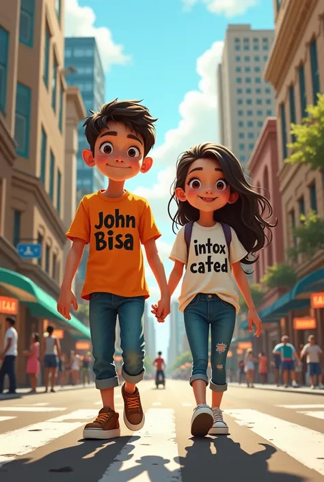 A boy and a girl walking down the street and on the girl shirt is printed as intoxicated and on boy shirt is printed as John bisa