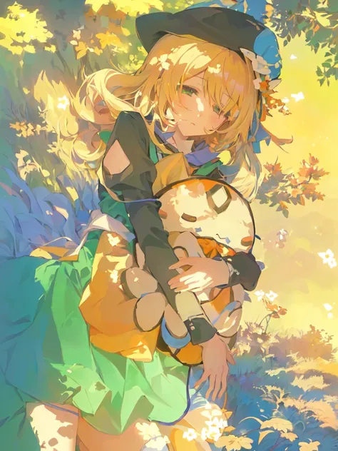 Anime - poster-style footage of a woman lying on the grass and hugging,  made using Animation Manga Artist Studio,  rui fanart , author：Yukika Kosaka, kagamine rin,  inspired by Yukiya Amano , fantastic psychedelic anime ,Yoshitaka Amano, Painting in anime...