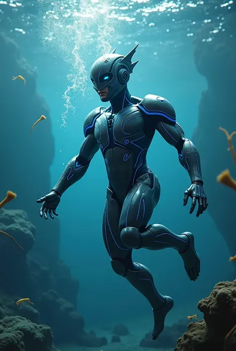 
a whole of a person in a blue costume standing in the water, cybersuits, cyber suit, science fiction suit, water armor, the secret seventh power ranger, cybersuit, ultraman, silver cyber armor, male robotic anthro dolphin, 2 0 2 3, diverse cybersuits, 202...