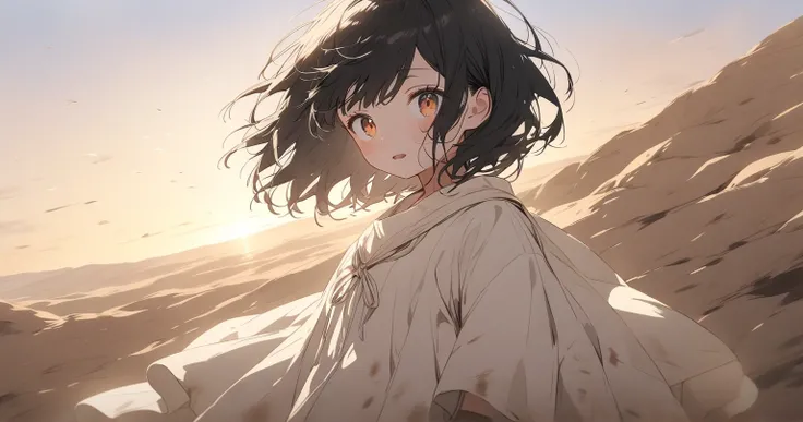 desert　Natural soft light showing the 　 Girl with Long Black Hair　 skirt with open pupils 　Tattered and dirty white clothes　evening　 backlit　anime