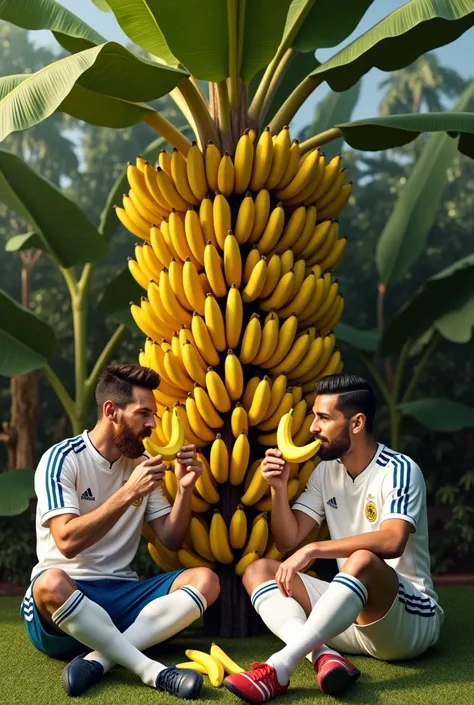 Messi and c. Ronaldo eating a banana in front of a banana tree