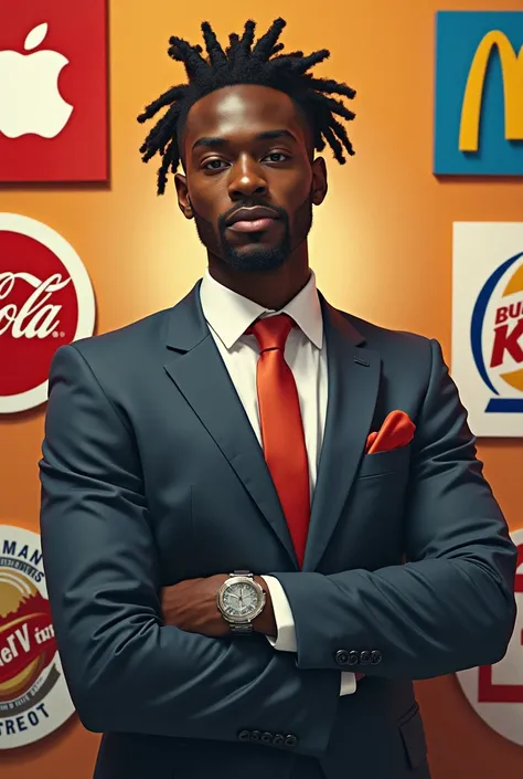  A young African sales manager dressed as an entrepreneur with a background on the wall representing brands like APPLE, coca-cola, Burguer King , mac donalds 