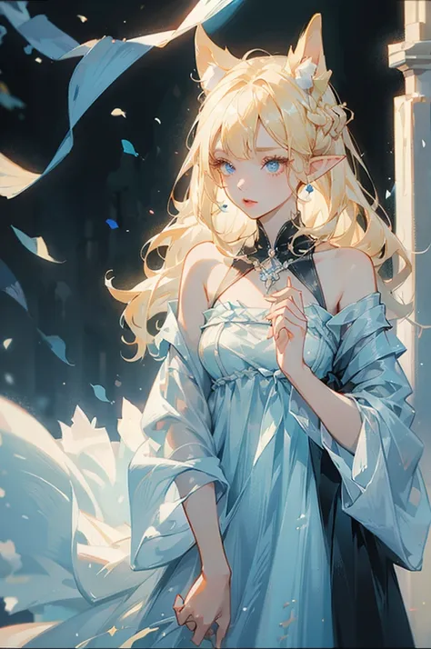 a picture of a young woman in a dress with a giant head, 1girl, solo, blonde hair, pointy ears, long hair, animal ears, looking at viewer, blue eyes, dress, bandages, bare shoulders, lips