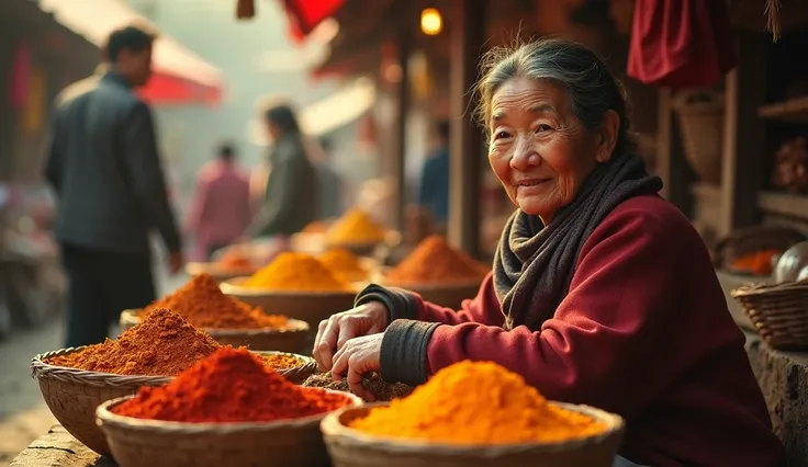 "A detailed depiction of an elderly woman selling spices at a vibrant traditional market. She is sitting behind a wooden stall filled with baskets of colorful spices like turmeric, chili, and cinnamon. The scene captures warm ambient lighting with golden h...