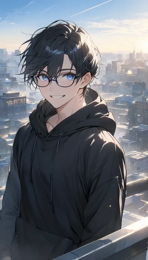 Alone,Black Hair，male， blue eyes,smile, black hoodie , handsome, Black-rimmed Glasses ,blue sky,morning,City