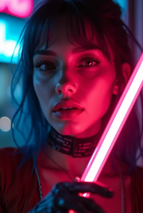 cyberpunk, women holding a different shaped neon light in their hand, Broke ,  beautiful and detailed eyes,  detailed and beautiful lips,  extremely detailed eyes and face ,  long lashes, cyborg, sci-fi,  futuristic , City of Neon , dark atmosphere,  drama...