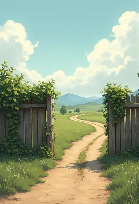  wooden fence and vines on it background with cloud and dusty road