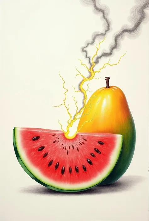 Piece of water melon and piece of mango are cut by a lightning stroke. A picture should be drawn smoothly blending by 2 fruit. Draw by pencil in lovely way, describe in minimalist . No need colour.