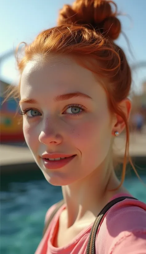 raw photo in UHD RAW format, (taking selfies, aerial view: 0,9), (straight half of the torso: 1,0). A 20 year old girl with a bun, in an amusement park, natural red hair and blue eyes, [ hyper-realistic texture ], [ hyper-realistic skin texture ], good lig...