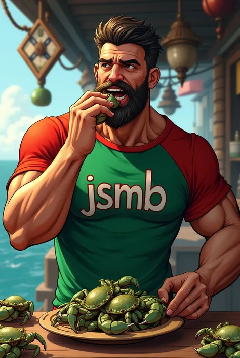 Un marin musclé qui porte un t-shirt vert et rouge marqué (JSMB) qui mange des crabes vert et noire