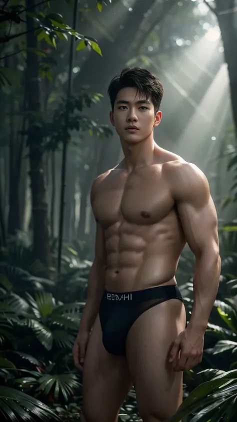 Chinese handsome manly looking actor in sheer transparent underwear posing in a forest, Ni Han Jin, man looking, no facial hair, Ultrarealistic portrait photograph show full body triangulation from head to toe, muscular body, very sweaty, looking into view...