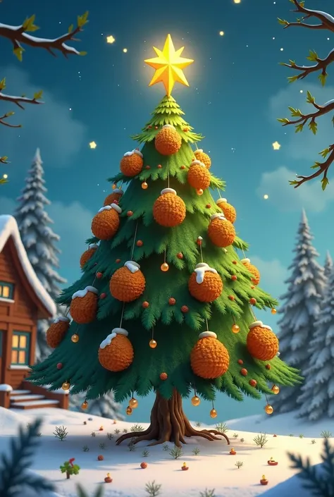 Create a picture of a christmas tree with wiener schnitzels as ornaments, the wiener schnitzels shouldn’t be round, they should look like as they are in Austria and Hungary