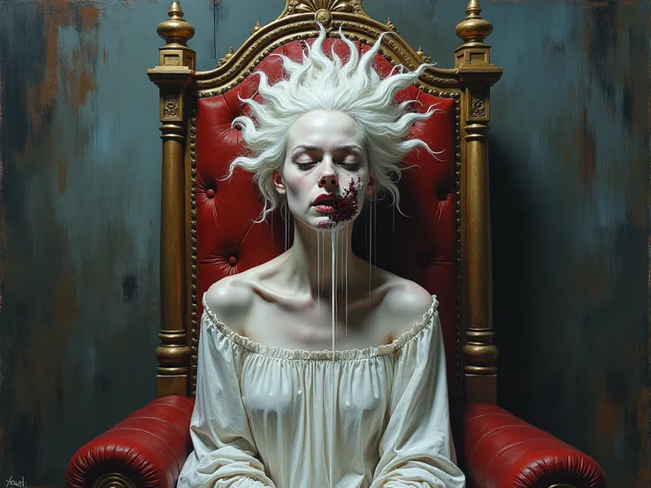 painting of a queen in agony, pale white skin dripping off into space , in a decrepit throne room, wave distortions, glitched , split screen , scraping canvas, deformed face, ,  impressionist, dark vibe,  in the style of nicola samori