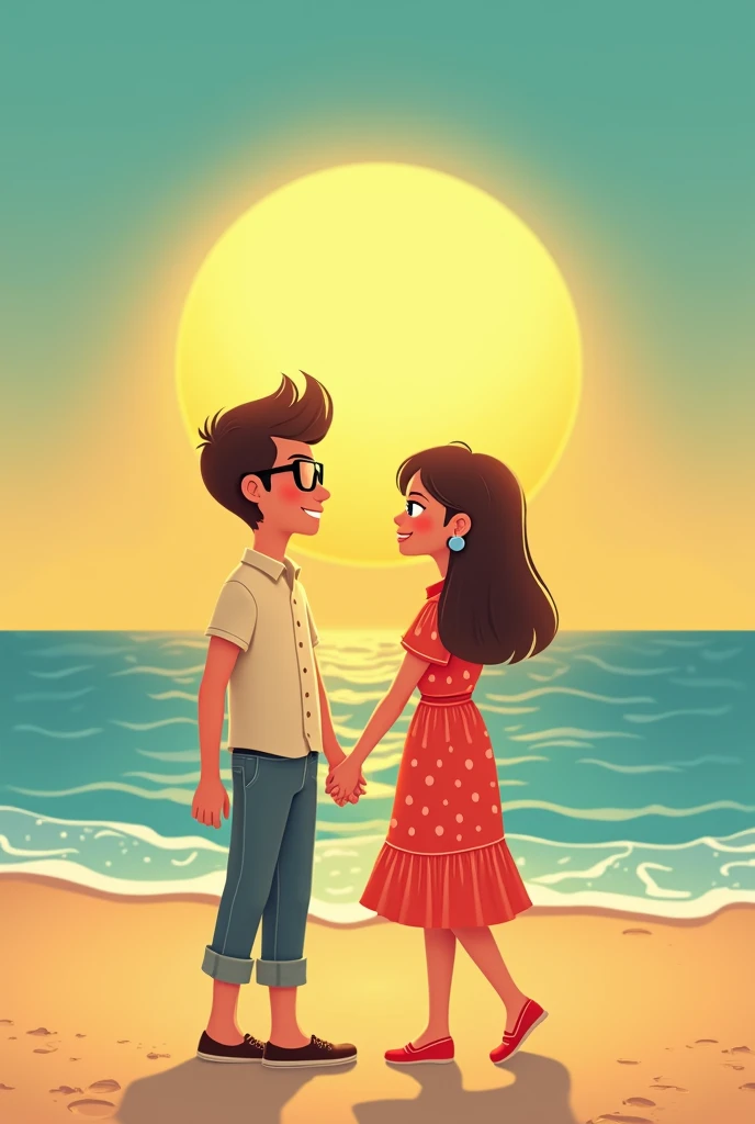  Make a cartoon image of a single man wearing black glasses wearing circular earrings and having a red glass and a womans sun go hand in hand on the beach(that they are not people but ,  cartoons and so far away is the image of the suns , Far, far away  )