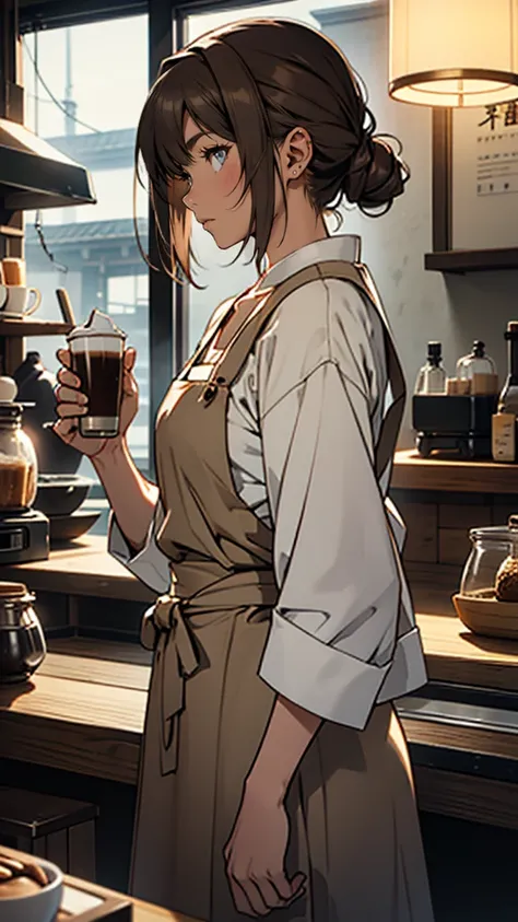 “A 28-year-old Japanese woman with shoulder-length brown hair, wearing a white blouse and an apron. She stands behind the counter of a small, cozy café, with a cup of coffee in her hand. Her expression is calm but thoughtful, as she gazes out the large win...