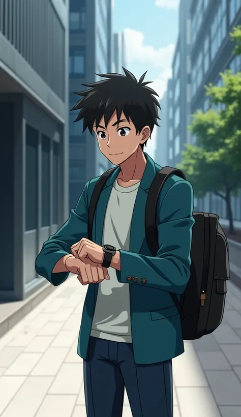 "An urban professional setting featuring a young man standing outdoors next to a modern building with sleek, dark metallic walls. The man is wearing a teal blazer, a light shirt, and a backpack. He is looking at his wristwatch as if checking the time, with...