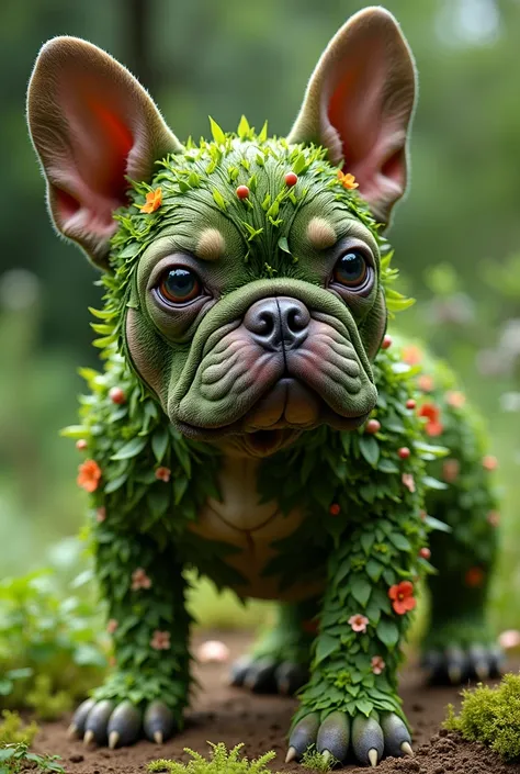 French bulldog mascot made from plants or leaves