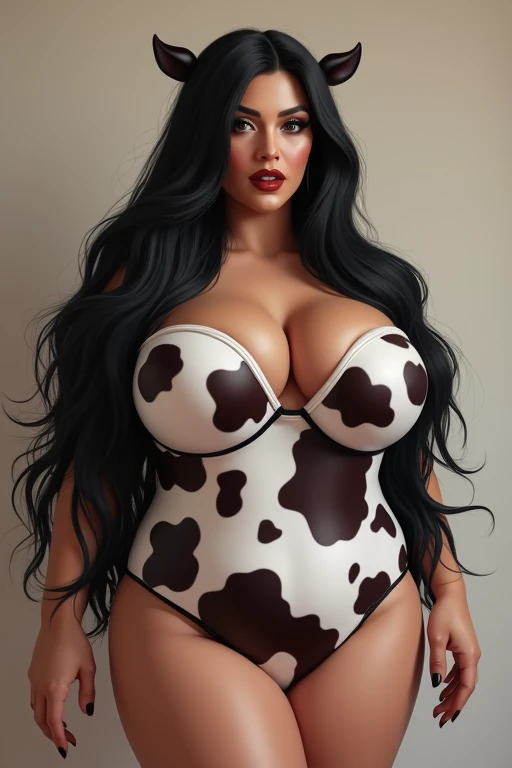 ((Bbw)), (plumpy woman), ((tall)), (milf), puffy cheeks, (big curvy nose), (caucasian)), long black straight hair, beautiful, big boobs, wide hips, wearing a cow spandex body suit with small black heels, lipstick, eyeshadow, (realistic masterpiece)