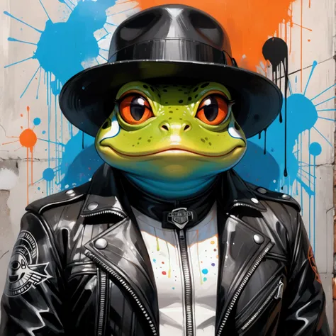 Closeup, Cinematic, (Masterpiece, professional work, award winning), ultra realistic illustration, hyperrealistic portrait of an extremely badass anthropomorphic light blue and white bullfrog wearing an insanely cool black leather Harley Davidson biker jac...