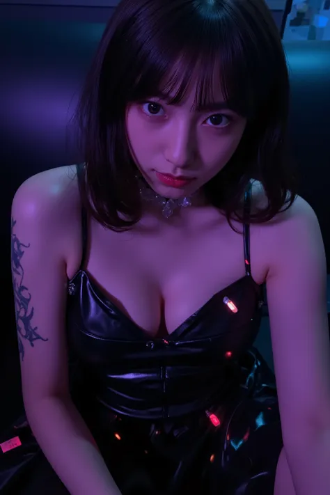 Beautiful school girl with tattoo looking at camera、Shortcut、 faces staring at from a crowd、Summer clothes、 Adolescence、 evening 、From the front、 portrait, 　 Tattooed Body, a woman wearing a black leotard is taking pictures,  black light on 、Smooth dark sk...