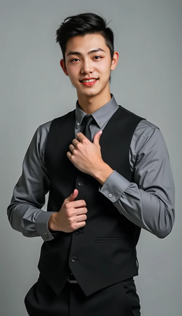 Simple and clean hairstyle ， looking at the camera ，全身Face me，Front view，Face me，Full body facing the camera， stand confidently in front of a pure gray high-grade gray background ， place the hand on the chest ，Touch the cuff with one hand ，Stand straight，L...