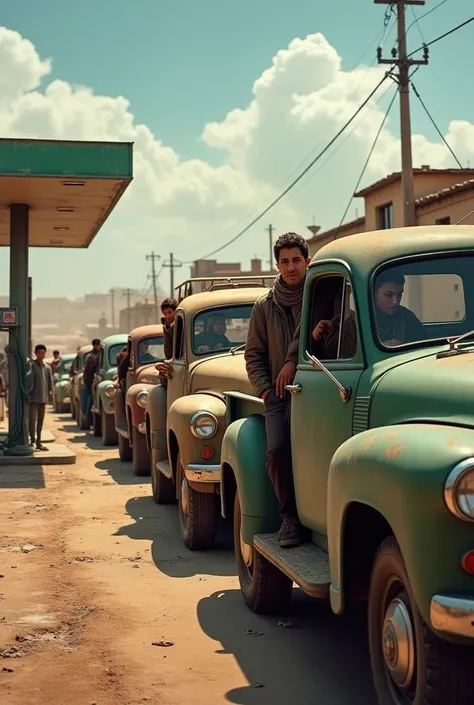 Picture of Uzbek people waiting in line in a car in front of the Methane gas station AGTKSH