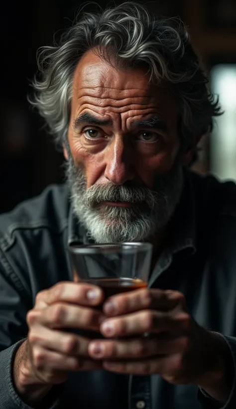  A close up of the middle aged man, with gray beard , looking thoughtfully at his glass ,  reflecting sadness on his face .