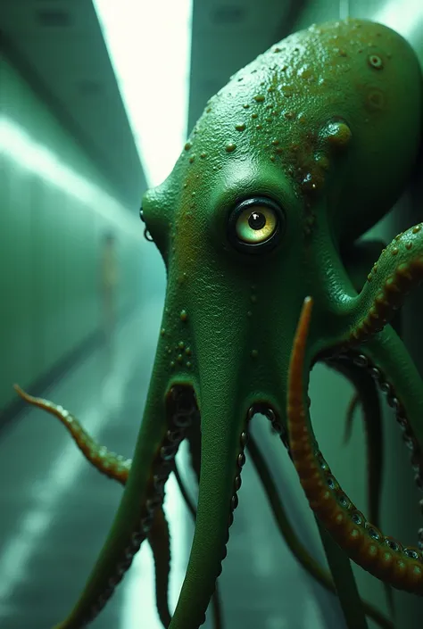 A green octopus with lustful eyes, drooling mouth. Reflection of a womans rear in his eyes. Floats , futuristic hallway background