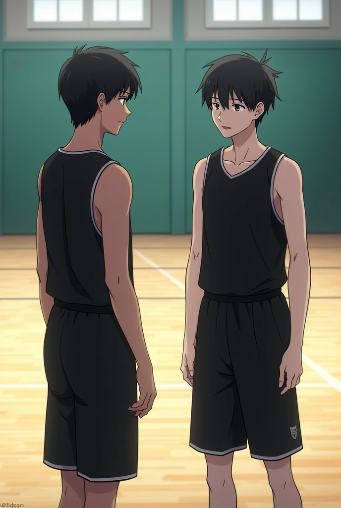 there are two men standing on a basketball court talking to each other, in black uniform, sui ishida with black hair, Chiho, Takeyuki Kanda, Chiho ashima,  Shiori Teshirogi, Suzuki Kiyoko, Tsutomo Nihie, Yoshitomo Nara, sui ishida, mao hamaguchi