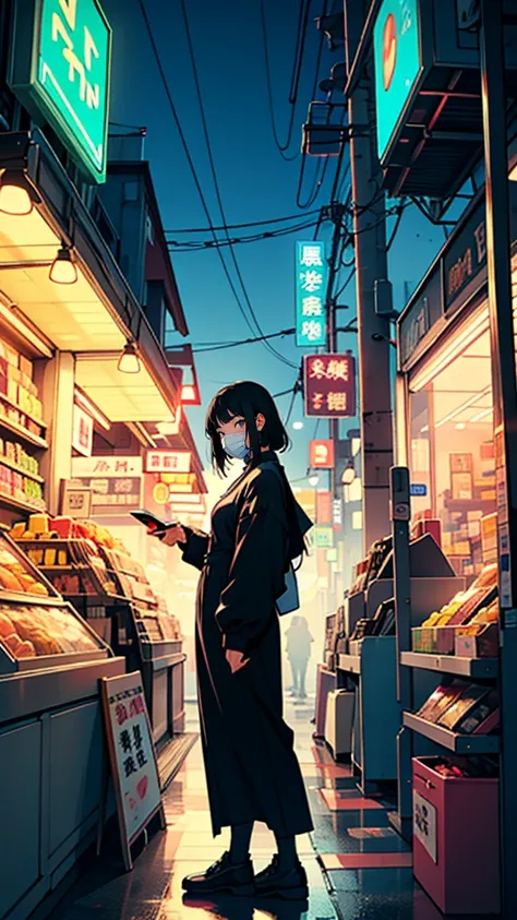 “A 24-year-old Japanese woman with long, straight black hair, wearing a green store uniform and standing behind the counter of a small convenience store. She has a serious, slightly concerned expression on her face as she looks around the quiet store. The ...