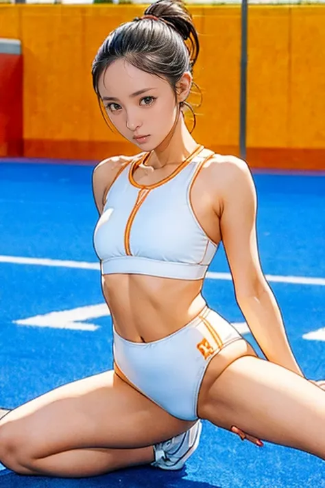 Sitting in a stadium、 knees with both elbows、 open leg、Taking a break、 pose with an emphasis on the buttocks、As I turned around、Japanese woman in orange and white bikini ,  navy free ,  wearing a track and field suit,  Japanese Model,  sporty figure , movi...