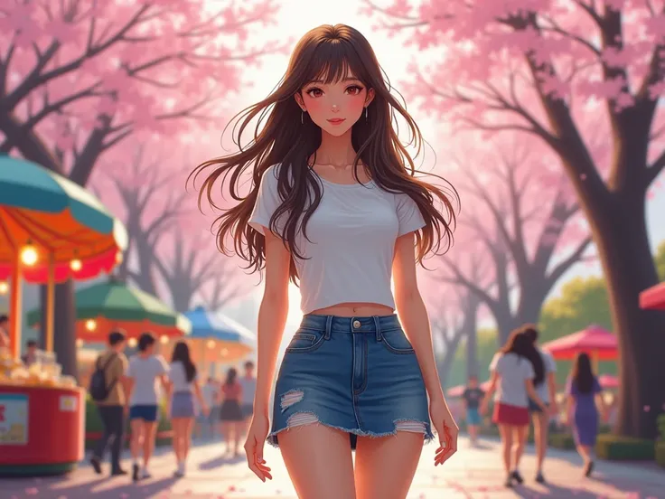 Urban Cherry Blossom Festival:
In a bustling urban park during the peak of cherry blossom season, a Korean girl with long, flowing hair stands confidently, looking straight at the viewer. She wears a short-sleeved, crisp white shirt tucked into a stylish, ...