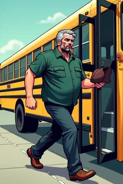 A comic , Side view of the school bus driver stepping down quickly from the bus.
The school bus drivers first foot lands heavily on the pavement. His body is stiff and 
hunched forward, avoiding eye contact with the parents. His hand grips his cap as thoug...