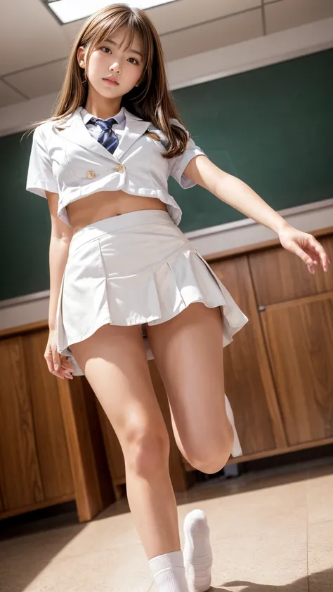 Product quality,1 girl,(Shooting from below:1.4),(Thigh Emphasis:1.4),Young and pretty girl in Japan,Daytime, (High school classroom:1.2),(Short sleeve shirt:1.3),(Schoolgirl uniform:1.3),(blazer:1.3), (Ultra super short micro mini skirt in white:1.5),(Ski...