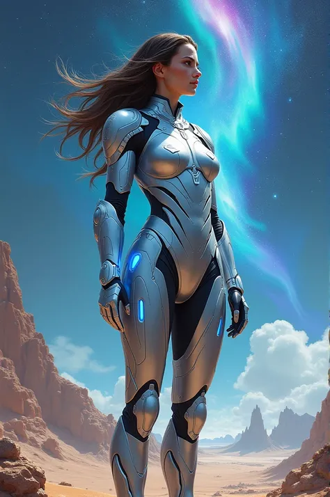 "A futuristic female warrior clad in shimmering silver armor with glowing blue accents, standing on a distant alien planet. The sky is filled with swirling galaxies, stars, and auroras, casting a cosmic glow. The painting is done in a dynamic, sci-fi fanta...